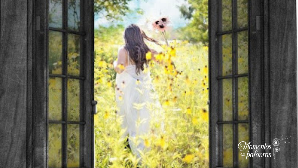 Mulher na janela corre em direção ao novo ano que está nascendo